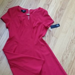 Short sleeved red dress with silver toned detail.